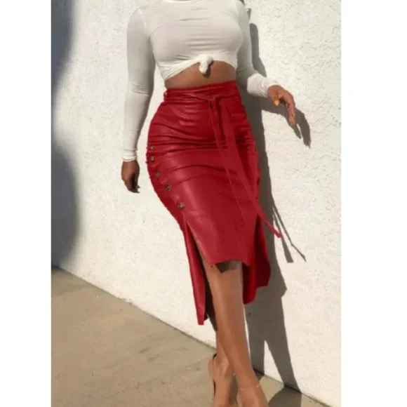 NWT Faux Leather Button Embellished Belted Side Knee Length Slit Slick Skirt